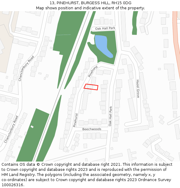 13, PINEHURST, BURGESS HILL, RH15 0DG: Location map and indicative extent of plot