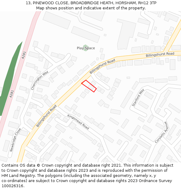 13, PINEWOOD CLOSE, BROADBRIDGE HEATH, HORSHAM, RH12 3TP: Location map and indicative extent of plot