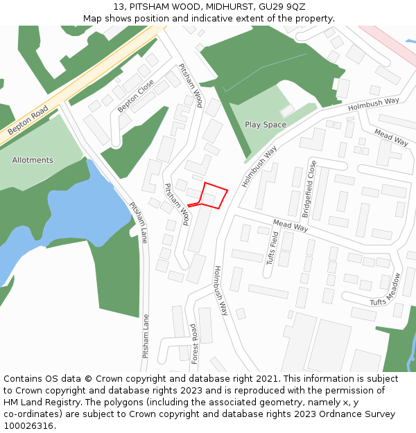 13, PITSHAM WOOD, MIDHURST, GU29 9QZ: Location map and indicative extent of plot
