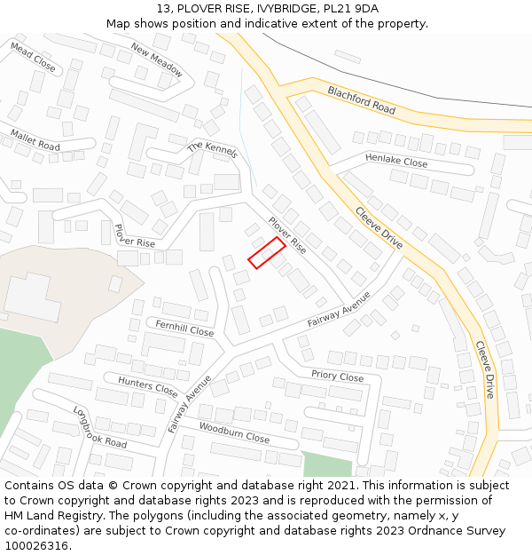 13, PLOVER RISE, IVYBRIDGE, PL21 9DA: Location map and indicative extent of plot