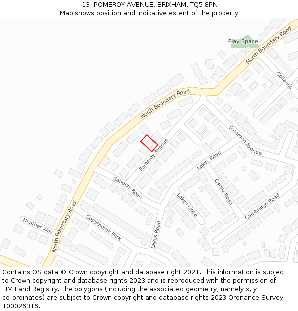 13, POMEROY AVENUE, BRIXHAM, TQ5 8PN: Location map and indicative extent of plot