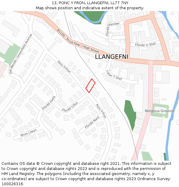 13, PONC Y FRON, LLANGEFNI, LL77 7NY: Location map and indicative extent of plot