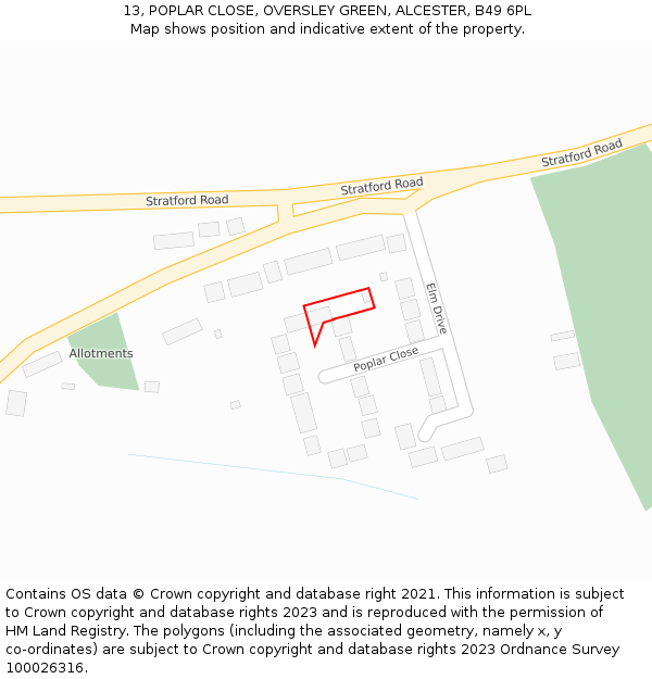 13, POPLAR CLOSE, OVERSLEY GREEN, ALCESTER, B49 6PL: Location map and indicative extent of plot