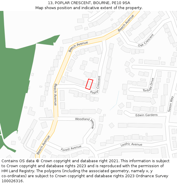 13, POPLAR CRESCENT, BOURNE, PE10 9SA: Location map and indicative extent of plot