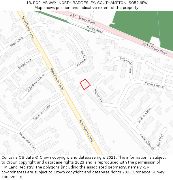 13, POPLAR WAY, NORTH BADDESLEY, SOUTHAMPTON, SO52 9FW: Location map and indicative extent of plot