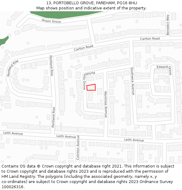 13, PORTOBELLO GROVE, FAREHAM, PO16 8HU: Location map and indicative extent of plot