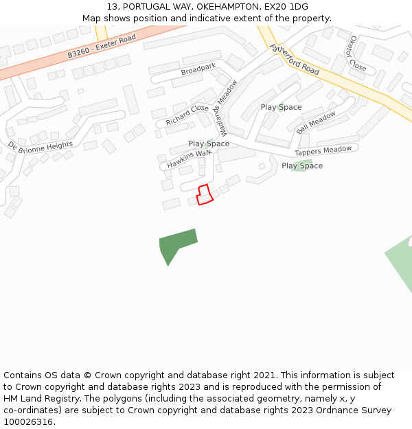 13, PORTUGAL WAY, OKEHAMPTON, EX20 1DG: Location map and indicative extent of plot