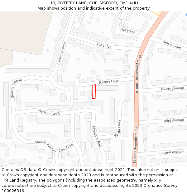 13, POTTERY LANE, CHELMSFORD, CM1 4HH: Location map and indicative extent of plot