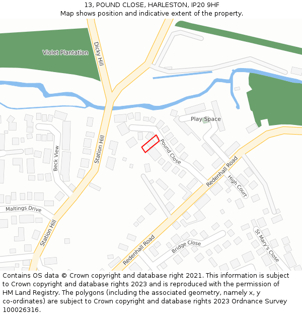 13, POUND CLOSE, HARLESTON, IP20 9HF: Location map and indicative extent of plot