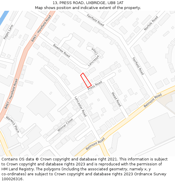 13, PRESS ROAD, UXBRIDGE, UB8 1AT: Location map and indicative extent of plot