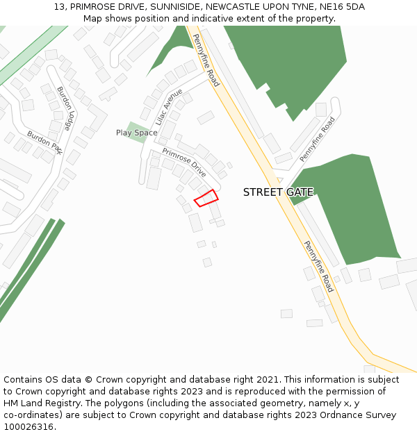 13, PRIMROSE DRIVE, SUNNISIDE, NEWCASTLE UPON TYNE, NE16 5DA: Location map and indicative extent of plot