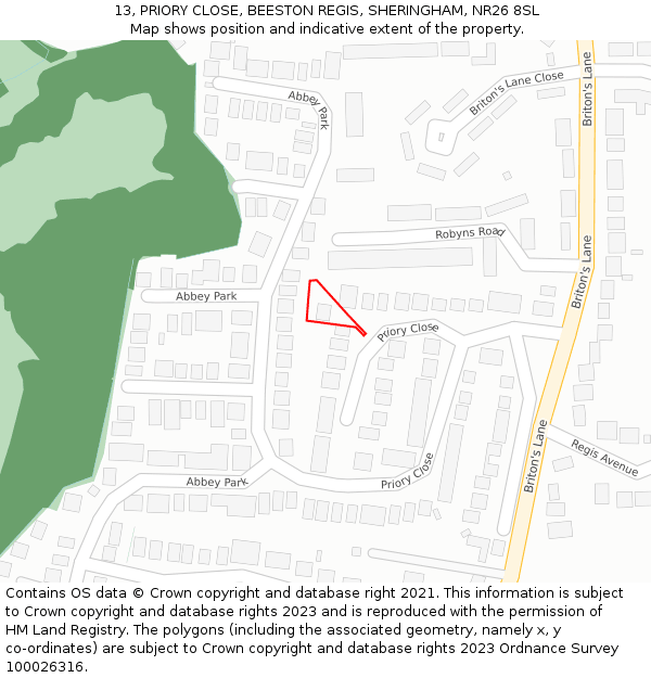 13, PRIORY CLOSE, BEESTON REGIS, SHERINGHAM, NR26 8SL: Location map and indicative extent of plot