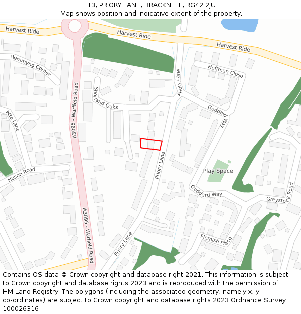13, PRIORY LANE, BRACKNELL, RG42 2JU: Location map and indicative extent of plot