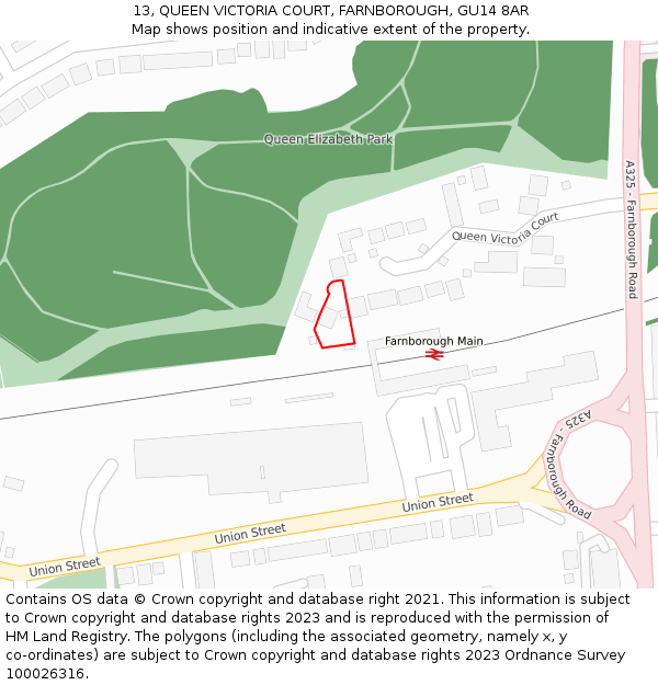 13, QUEEN VICTORIA COURT, FARNBOROUGH, GU14 8AR: Location map and indicative extent of plot