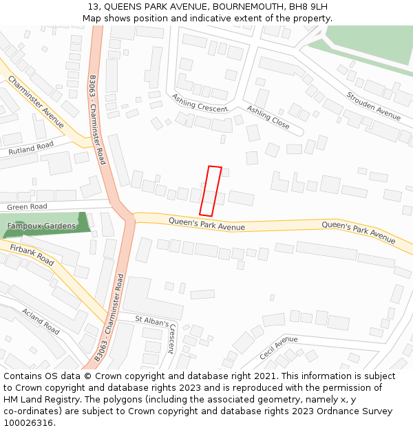 13, QUEENS PARK AVENUE, BOURNEMOUTH, BH8 9LH: Location map and indicative extent of plot