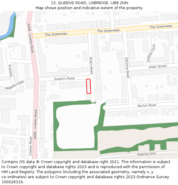13, QUEENS ROAD, UXBRIDGE, UB8 2NN: Location map and indicative extent of plot