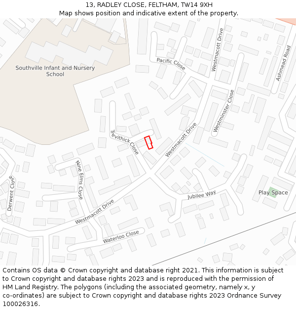 13, RADLEY CLOSE, FELTHAM, TW14 9XH: Location map and indicative extent of plot