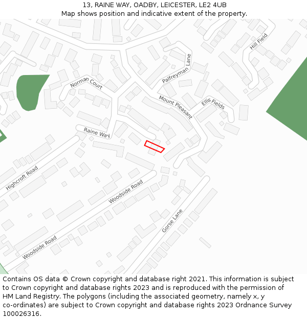 13, RAINE WAY, OADBY, LEICESTER, LE2 4UB: Location map and indicative extent of plot