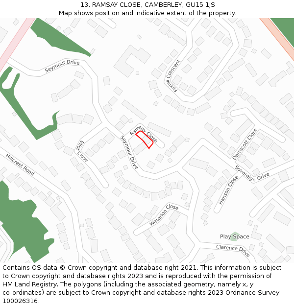 13, RAMSAY CLOSE, CAMBERLEY, GU15 1JS: Location map and indicative extent of plot