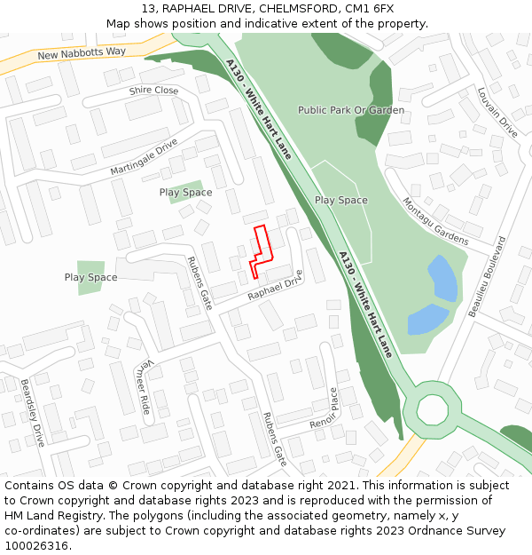 13, RAPHAEL DRIVE, CHELMSFORD, CM1 6FX: Location map and indicative extent of plot