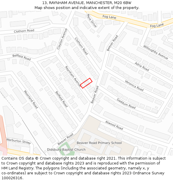 13, RAYNHAM AVENUE, MANCHESTER, M20 6BW: Location map and indicative extent of plot