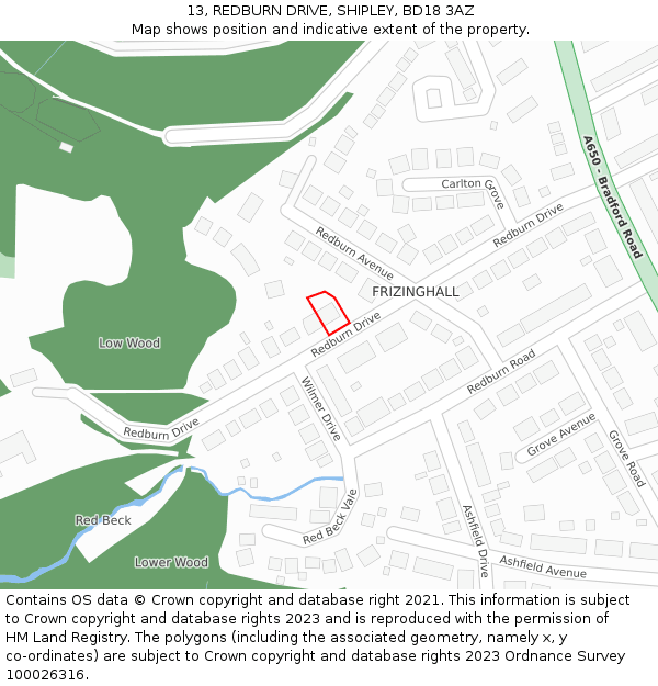 13, REDBURN DRIVE, SHIPLEY, BD18 3AZ: Location map and indicative extent of plot