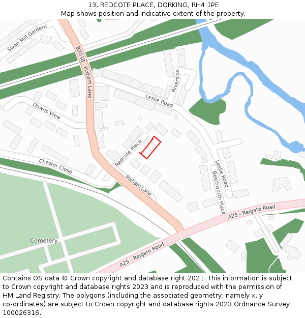 13, REDCOTE PLACE, DORKING, RH4 1PE: Location map and indicative extent of plot