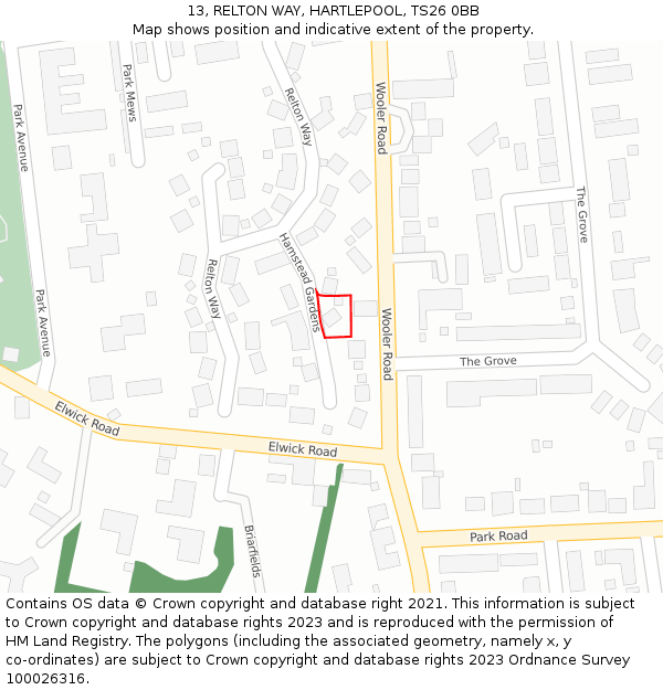 13, RELTON WAY, HARTLEPOOL, TS26 0BB: Location map and indicative extent of plot