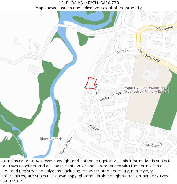 13, RHIWLAS, NEATH, SA10 7RB: Location map and indicative extent of plot