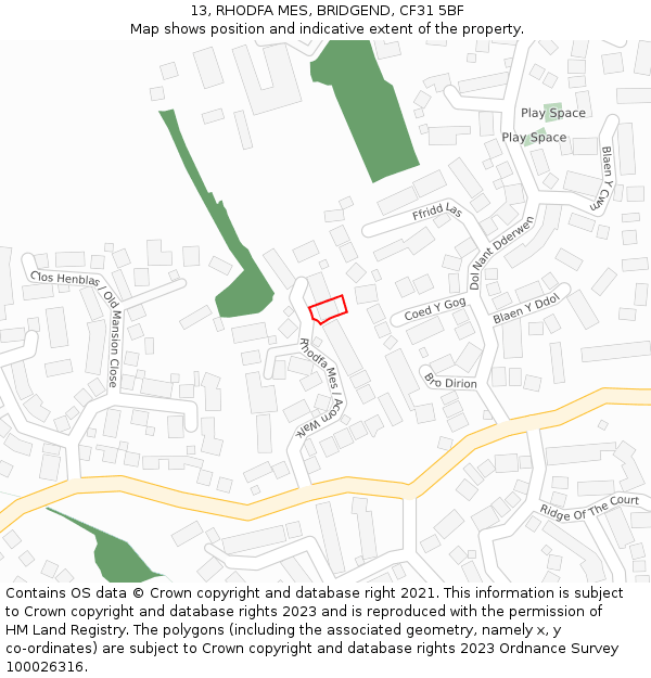 13, RHODFA MES, BRIDGEND, CF31 5BF: Location map and indicative extent of plot
