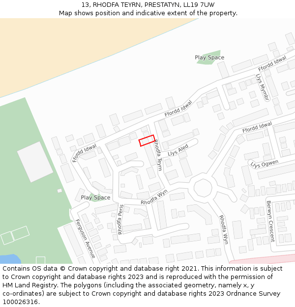 13, RHODFA TEYRN, PRESTATYN, LL19 7UW: Location map and indicative extent of plot