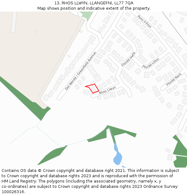 13, RHOS LLWYN, LLANGEFNI, LL77 7QA: Location map and indicative extent of plot