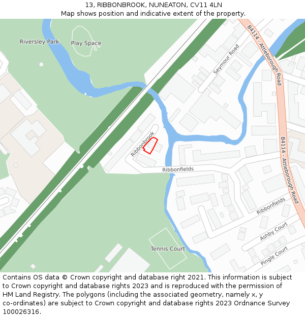13, RIBBONBROOK, NUNEATON, CV11 4LN: Location map and indicative extent of plot