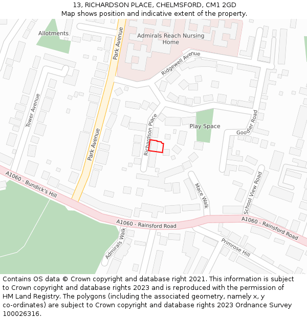 13, RICHARDSON PLACE, CHELMSFORD, CM1 2GD: Location map and indicative extent of plot