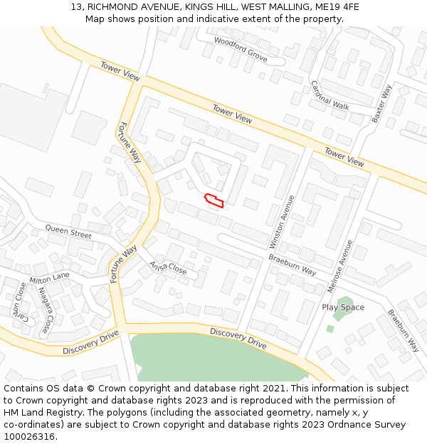 13, RICHMOND AVENUE, KINGS HILL, WEST MALLING, ME19 4FE: Location map and indicative extent of plot