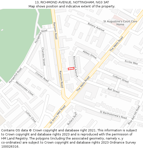 13, RICHMOND AVENUE, NOTTINGHAM, NG3 3AT: Location map and indicative extent of plot
