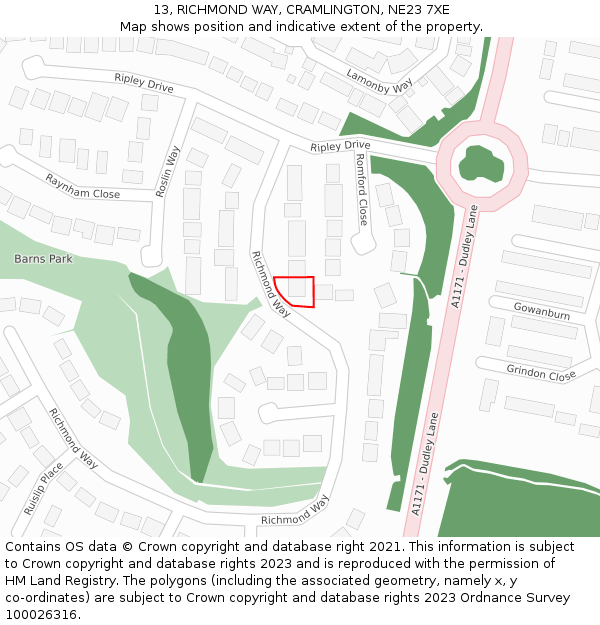 13, RICHMOND WAY, CRAMLINGTON, NE23 7XE: Location map and indicative extent of plot