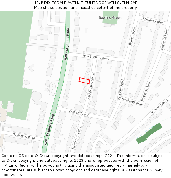 13, RIDDLESDALE AVENUE, TUNBRIDGE WELLS, TN4 9AB: Location map and indicative extent of plot