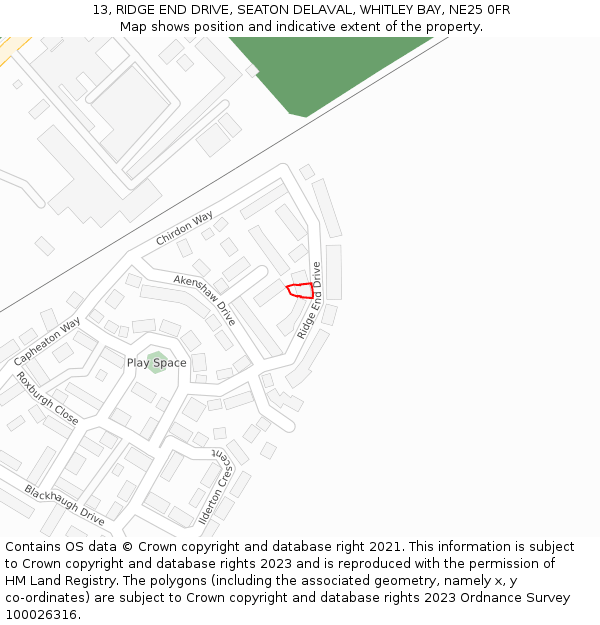 13, RIDGE END DRIVE, SEATON DELAVAL, WHITLEY BAY, NE25 0FR: Location map and indicative extent of plot