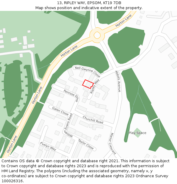 13, RIPLEY WAY, EPSOM, KT19 7DB: Location map and indicative extent of plot