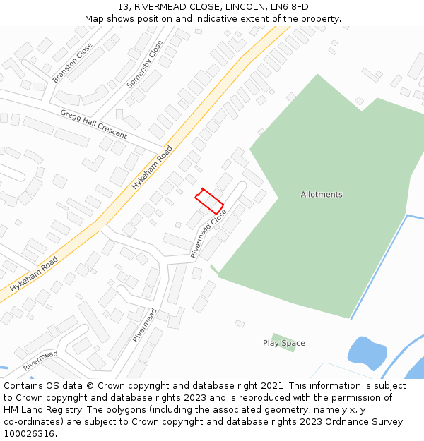 13, RIVERMEAD CLOSE, LINCOLN, LN6 8FD: Location map and indicative extent of plot
