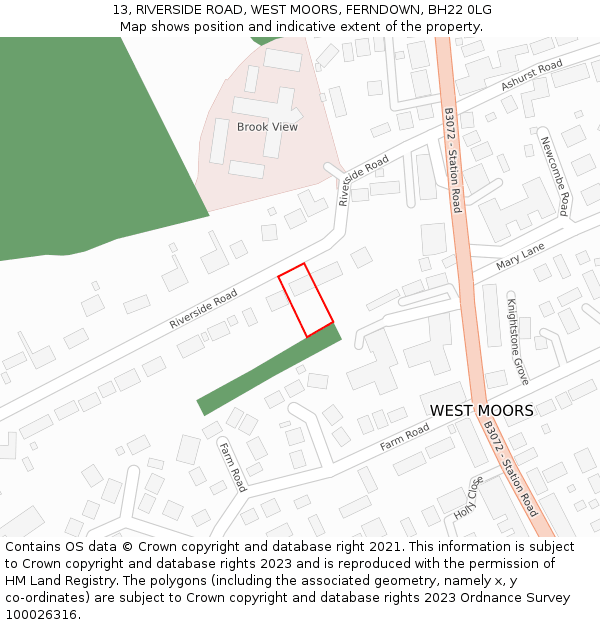 13, RIVERSIDE ROAD, WEST MOORS, FERNDOWN, BH22 0LG: Location map and indicative extent of plot