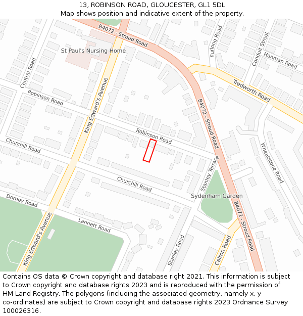 13, ROBINSON ROAD, GLOUCESTER, GL1 5DL: Location map and indicative extent of plot