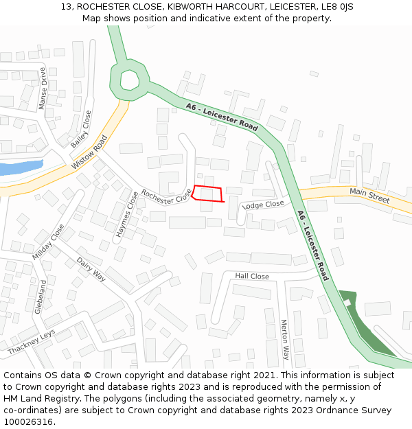 13, ROCHESTER CLOSE, KIBWORTH HARCOURT, LEICESTER, LE8 0JS: Location map and indicative extent of plot