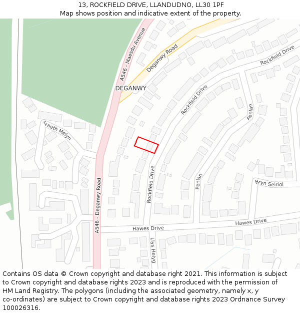 13, ROCKFIELD DRIVE, LLANDUDNO, LL30 1PF: Location map and indicative extent of plot