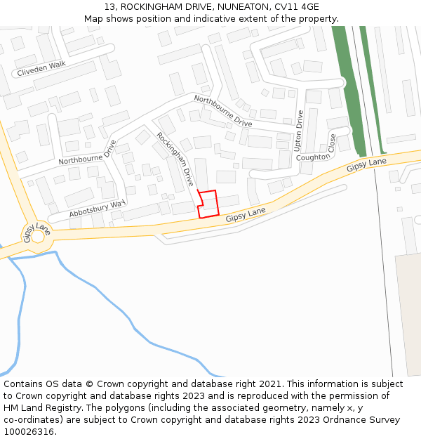 13, ROCKINGHAM DRIVE, NUNEATON, CV11 4GE: Location map and indicative extent of plot