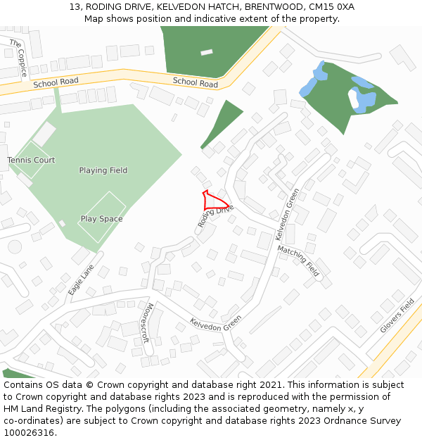 13, RODING DRIVE, KELVEDON HATCH, BRENTWOOD, CM15 0XA: Location map and indicative extent of plot