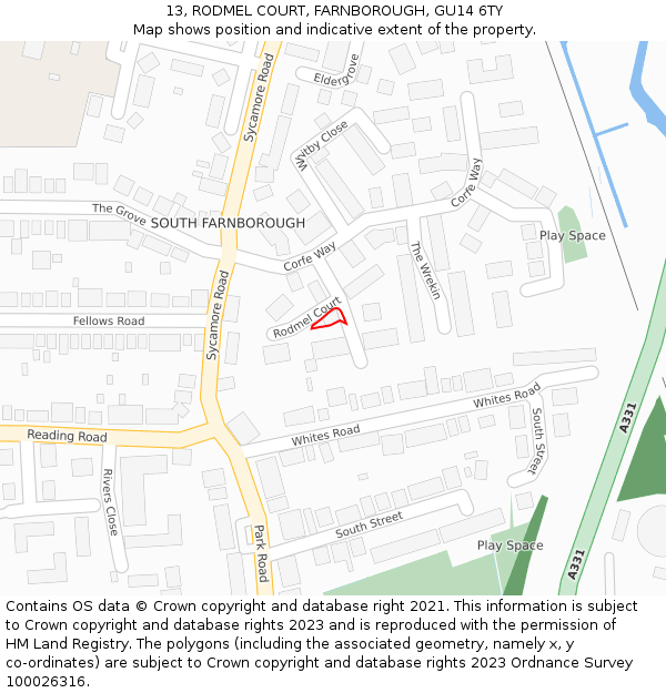 13, RODMEL COURT, FARNBOROUGH, GU14 6TY: Location map and indicative extent of plot