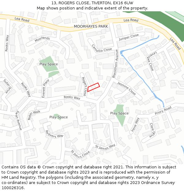 13, ROGERS CLOSE, TIVERTON, EX16 6UW: Location map and indicative extent of plot