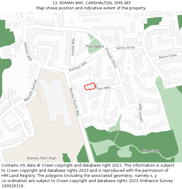 13, ROMAN WAY, CARSHALTON, SM5 4EF: Location map and indicative extent of plot